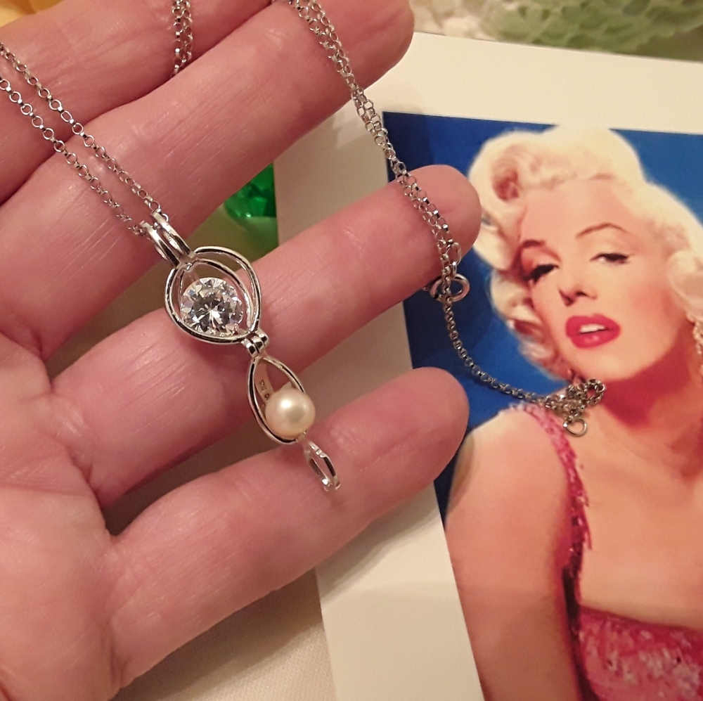 NEW 925 STERLING  2MM PEARL & CZ IN CAGE 18" CHAIN